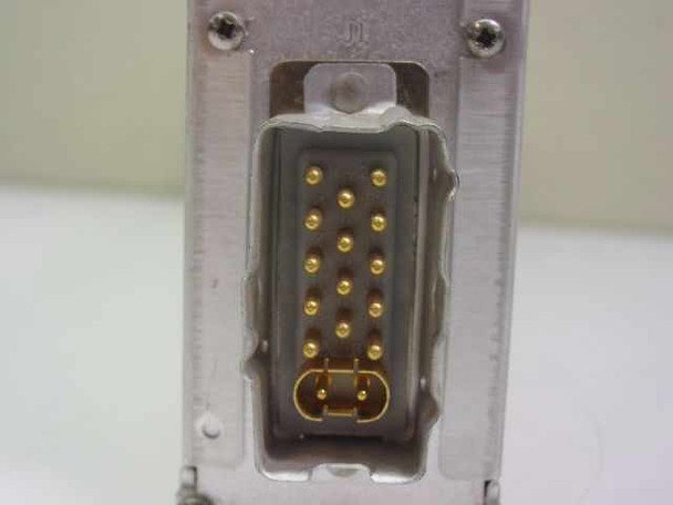 HP 8801A plug-in module — rear multi-pin gold-contact connector close-up showing pin array and keying lug