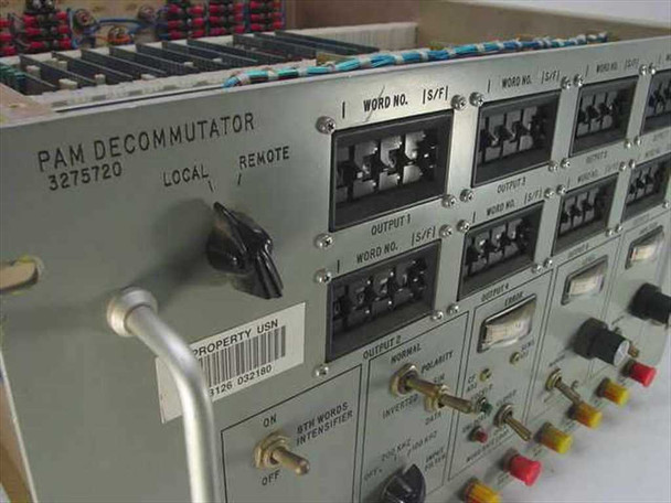 Hughes PAM Decommutator 3275720 – close-up of front panel label showing model 82577, Phoenix DTM, and PROPERTY USN tag