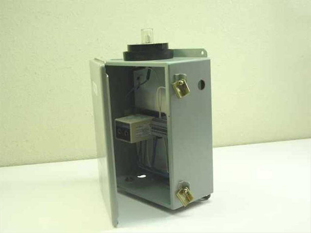 Hoffman A-1210CH enclosure – door open showing Omron S3S-B10-US controller, alarm light, and internal wiring on DIN rail