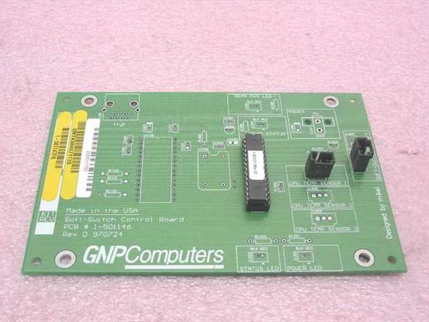 GNP Computers Soft-Switch Control Board 1-501146 SMTK984671128 Rev D — top component side showing main IC, connectors, and status LED pads