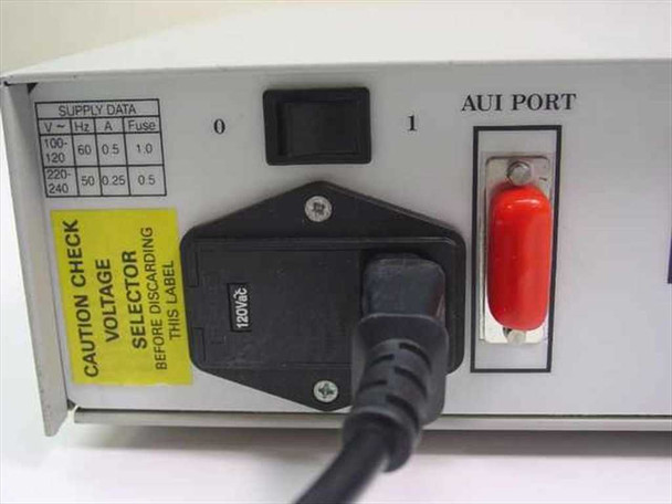 BICC EAZY Fiber Optic Hub Type 1160 – rear panel close-up showing power inlet, voltage selector switch, and AUI PORT