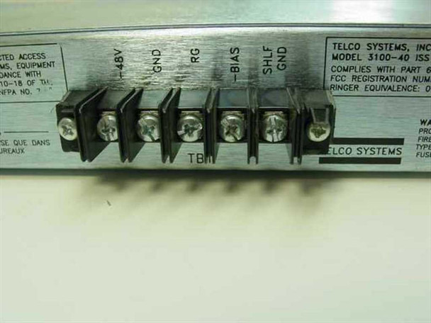 Telco Systems 3100-40 terminal block panel – labeled -48V, GND, RG, -BIAS, SHLF GND screw terminals and model label