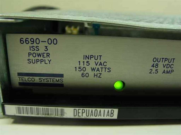 Telco Systems 6690-00 ISS 3 Power Supply module close-up – label showing Input 115 VAC 150W 60Hz, Output 48 VDC 2.5A, green LED lit