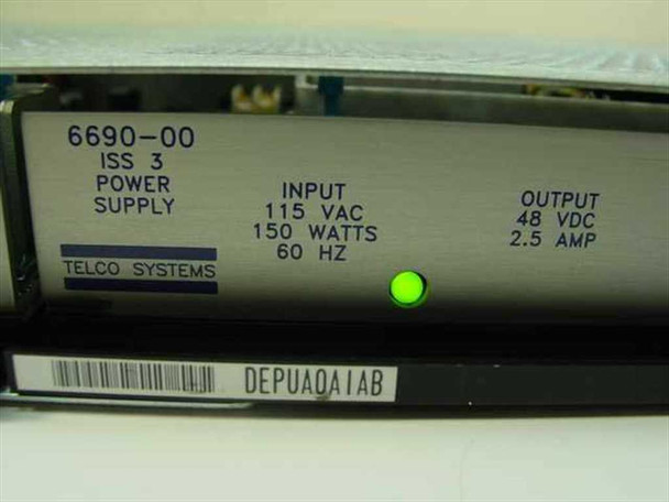 Telco Systems 6690-00 ISS 3 Power Supply second module – label showing Input 115 VAC 150W 60Hz, Output 48 VDC 2.5A, green LED lit