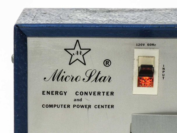 Micro Star MS-136 front panel close-up showing brand logo, 120V 60Hz input label, and illuminated input switch