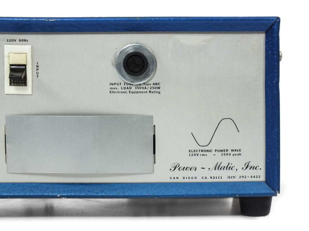 Micro Star MS-136 front panel detail showing input fuse holder, 350VA/250W max load label, and Power-Matic Inc. branding