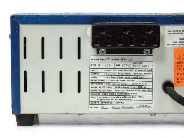 Micro Star MS-136 rear rating plate close-up showing model, P/N 10-921, S/N 20742, and full specification table