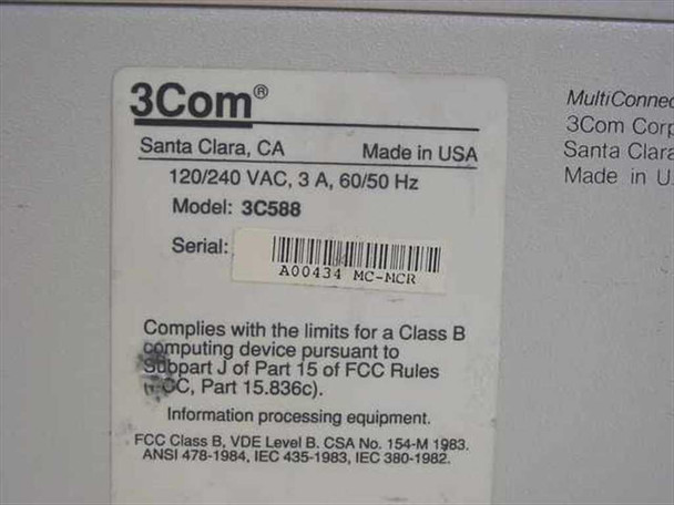 3Com 3C588 MultiConnect Repeater rating label — 120/240 VAC, 3A, 60/50 Hz, Model 3C588, Serial A00434 MC-NCR, Made in USA, FCC Class B compliance