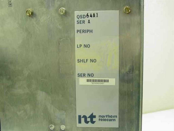 Northern Telecom QSD64A1 Series A identification label showing model QSD64A1, SER A, PERIPH, and NT Northern Telecom logo with barcode serial number