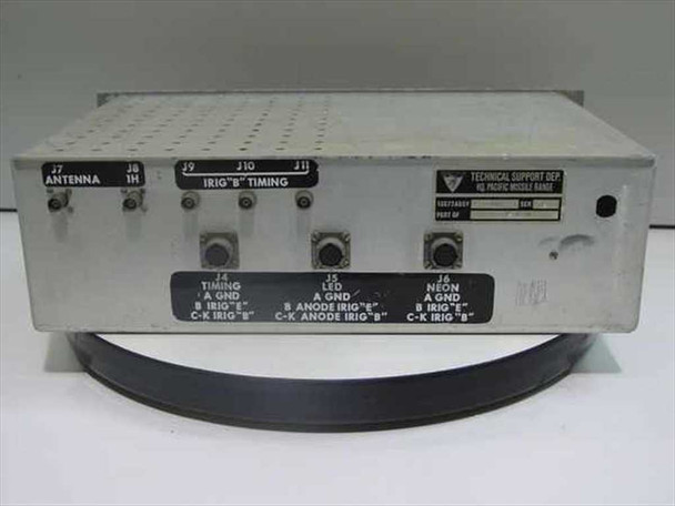 PMR/TRQ-3/U Range Timing Receiver – rear panel showing J7 Antenna, J8 1H, J9–J11 IRIG-B Timing connectors, J4 Timing, J5 LED, J6 Neon output labels, and HQ Pacific Missile Range Technical Support Dep. tag