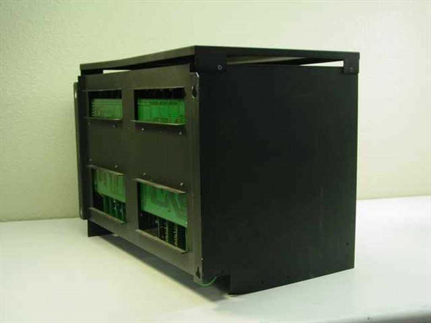 Isoetec EZ-1/96 12100 PBX phone system rear view showing two rows of card connectors and green PCB edge connections on black steel chassis
