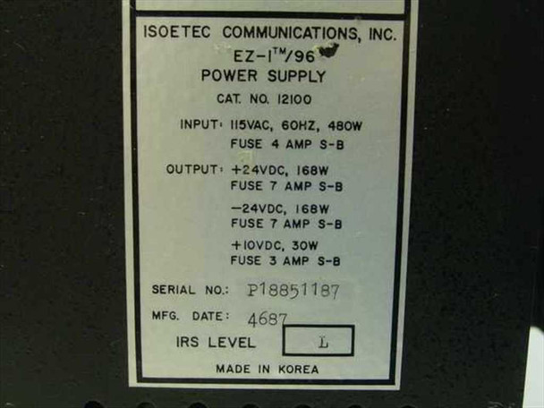 Isoetec Communications EZ-1/96 power supply label showing Cat. No. 12100, 115VAC 60Hz 480W input, dual 24VDC and 10VDC outputs, serial number P18851187, manufacture date 4-87, made in Korea