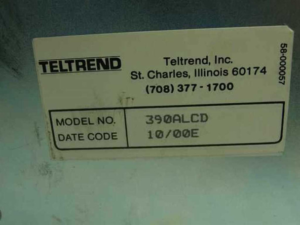 Teltrend 390ALCD label showing model number 390ALCD, date code 10/00E, and Teltrend Inc. St. Charles IL contact info