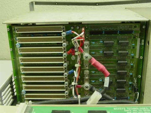 Maxsys Technologies 00465-3800 VMIC Test Station – rear internal view showing populated backplane with card connectors, wiring harness, and Maxsys Technologies label