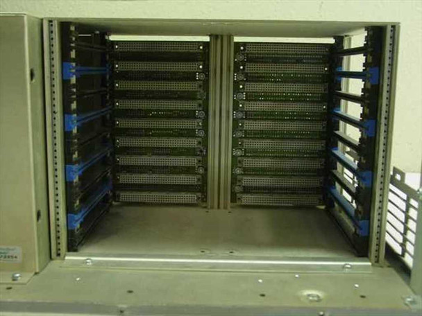 Maxsys Technologies 00465-3800 VMIC Test Station – front-facing open view showing fully populated dual-section card cage with approximately 20 card slots and blue card guides