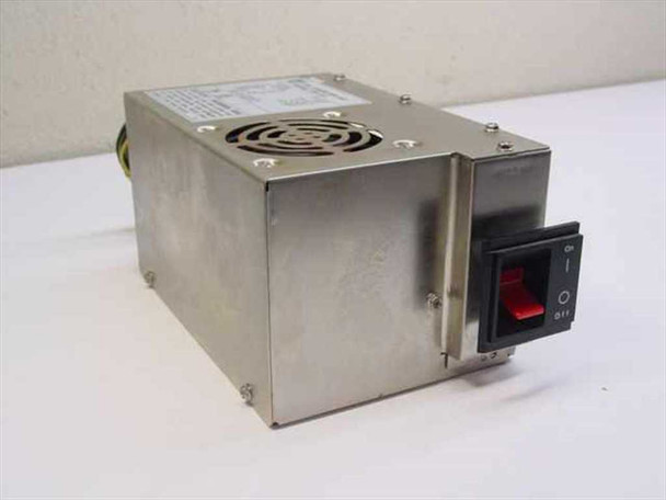 DTK Computer PIP-151 AT power supply – right-side view showing top-mounted fan, brushed metal enclosure, and hard rocker on/off switch