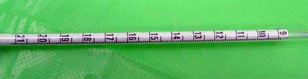 Close-up of hydrometer graduated stem showing scale markings from approximately 0.9 to 2.1 specific gravity