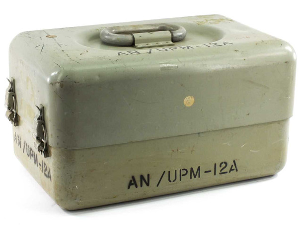 AN/UPM-12A military radar test set closed olive-drab carry case with stenciled designation on lid and side