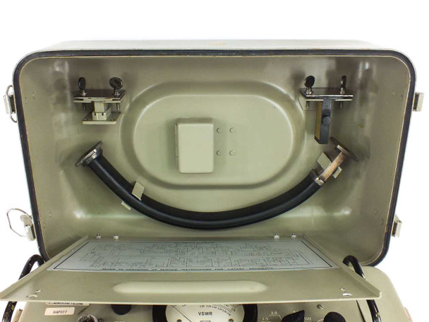 AN/UPM-12A carry case lid interior showing waveguide/cable storage tray and coaxial cable