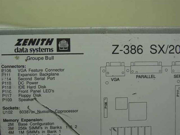 Zenith Data Systems Z-386 SX/20 motherboard diagram label showing connector layout including DC Power, VGA, Parallel, and expansion ports