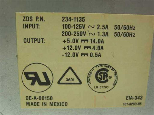 Zenith 234-1135 power supply specification label showing ZDS P/N, input 100-250V, output voltages, UL and CSA certifications, Made in Mexico