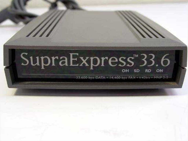 Supra SupraExpress 33.6 modem — front panel close-up showing model name, OH/SD/RD/ON indicators, and spec text: 33,600 bps DATA, 14,400 bps FAX, V.42bis, MNP 2-5