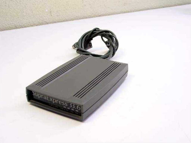 Supra SupraExpress 33.6 external fax modem — front-left three-quarter view showing ribbed top housing and serial cable