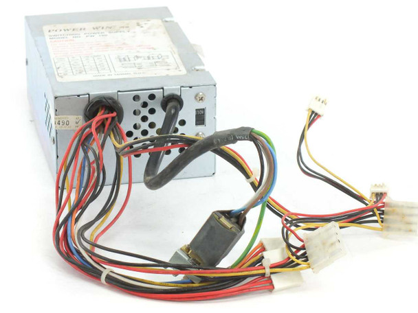 Power Win PW-150 AT power supply – side and top view showing rating label, power switch cable, and output wire harness with Molex connectors
