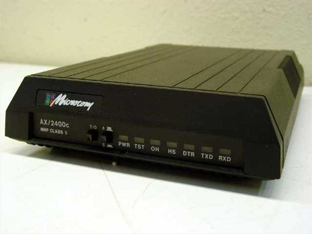 Microcom AX/2400C MNP Class 5 external modem – front panel view showing LED indicators PWR TST OH HS DTR TXD RXD