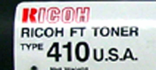 Ricoh Type 410 FT Toner cartridge — close-up of label showing RICOH FT TONER TYPE 410 U.S.A. and compatible models