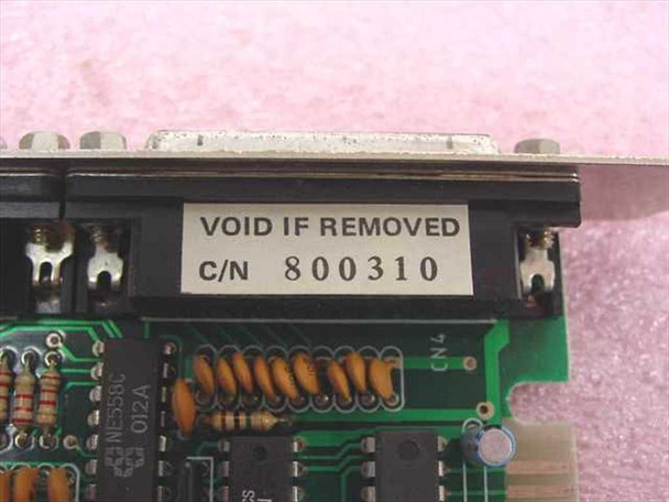JCC 800310 ISA controller card – close-up of bracket label reading VOID IF REMOVED C/N 800310, with NE558L IC and resistors visible on PCB