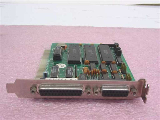 JCC 800310 ISA controller card – front component side showing two DB25 female connectors on bracket and multiple DIP ICs on green PCB