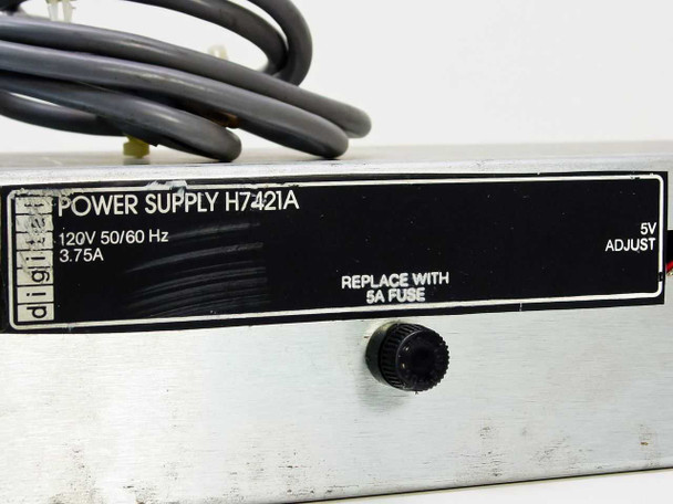 DEC H7421A power supply label closeup showing 120V 50/60Hz 3.75A rating and 5V Adjust marking