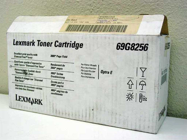 Lexmark 69G8256 toner cartridge original retail box – side panel showing 3000 page yield and Optra E printer compatibility in multiple languages