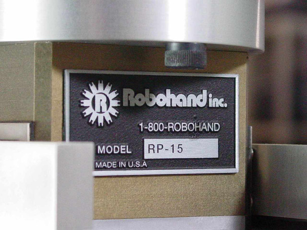 Robohand Inc. RP-15 model nameplate on end effector — Made in USA label visible