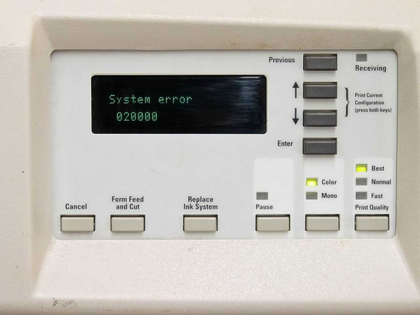 HP DesignJet 2500CP control panel displaying System error 020000 on LCD screen