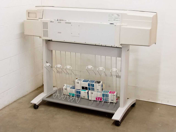 HP DesignJet 2500CP C4704A wide format plotter, rear three-quarter view on rolling stand