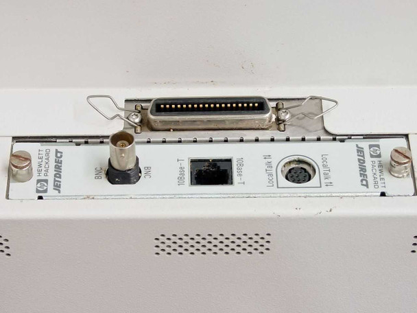 HP DesignJet 2500CP rear interface panel — Centronics parallel port, BNC connector, RJ-45 10Base-T Ethernet, LocalTalk port with HP JetDirect card