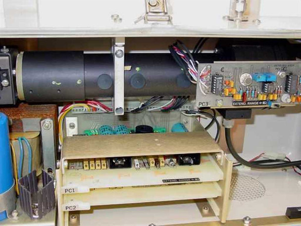 Climet CI-221 internal close-up — optical sensor tube, PC1, PC2, PC3 circuit boards, and EXTEND RANGE module visible