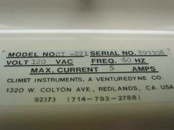 Climet CI-221 rating plate label — Model CI-221, 120 VAC, 60 Hz, 5 Amps max, Climet Instruments A Venturedyne Co., Redlands CA