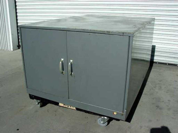 Gray steel 2-door industrial storage cabinet with bar-style handles and casters, front-right three-quarter view