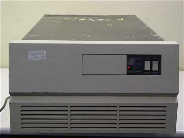 Fujitsu M2361A Super Eagle SMD Disk Drive System — front panel view showing drive bay door, red indicator LED, two rocker switches, ventilation grille, and handwritten inventory label sticker