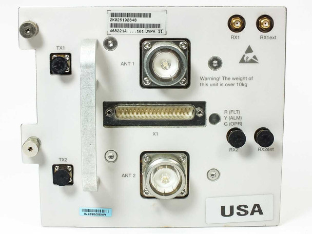 Nokia 468221A DVPA 11 – close-up of front panel showing label with part number 468221A, DVPA 11 designation, TX1, TX2, ANT 1, ANT 2 TNC connectors, X1 D-Sub port, and RX1, RX2, RX1ext, RX2ext ports