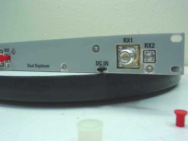 CCI DDP-1819-HP-1 Dual Duplexer front panel close-up showing Dual Duplexer label, DC IN barrel connector, and RX1 RX2 RF ports