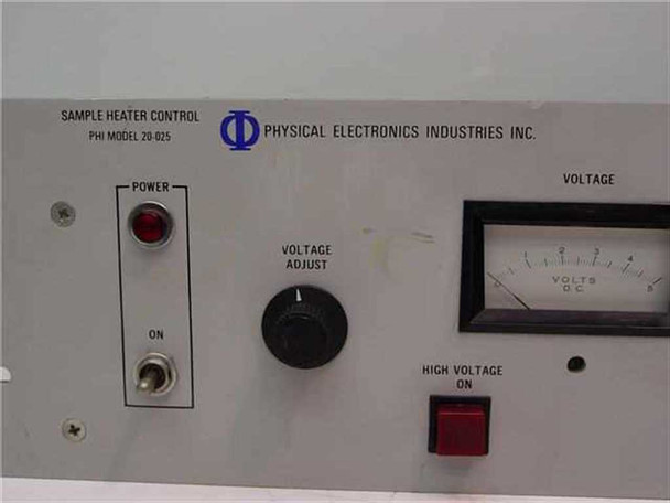 Physical Electronics PHI 20-025 Sample Heater Control front panel close-up showing Sample Heater Control label, PHI logo, Power indicator, Voltage Adjust knob, Volts DC meter, and High Voltage On switch