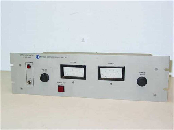 Physical Electronics PHI 20-025 Sample Heater Control front panel view showing analog voltage and current meters, voltage adjust knob, power switch, and high voltage on button