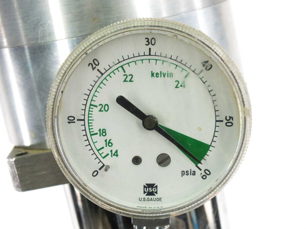 Close-up of USG dual-scale pressure gauge showing Kelvin and PSIA scales, needle at approximately 20 Kelvin / 0 PSIA