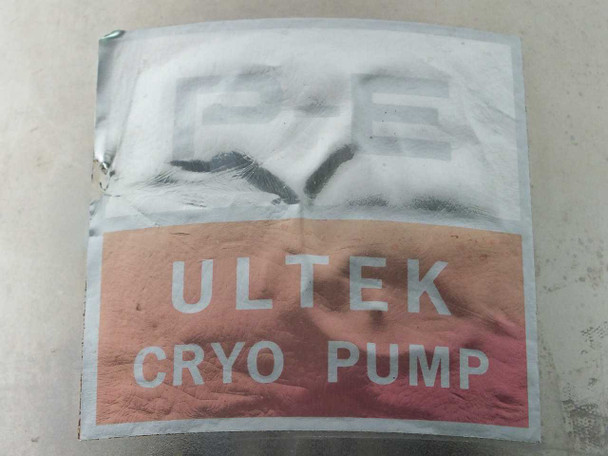 Perkin-Elmer Ultek Cryo Pump label affixed to cryogenic pump body — worn foil label with embossed PE logo