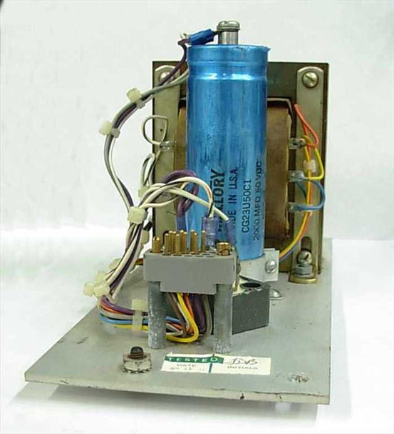 Front view of 2T23-17 power supply assembly with Mallory CG23U50C1 2000µF capacitor and multi-pin connector block; tested label visible on base