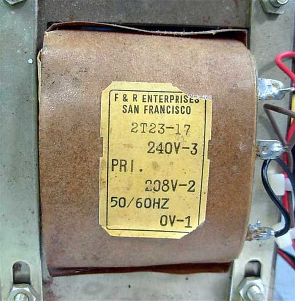 F&R Enterprises transformer label showing model 2T23-17, primary voltages 240V-3, 208V-2, 0V-1, 50/60Hz — San Francisco